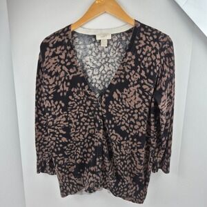 LOFT Leopard Print Button Front Cardigan Women's L Black Tan 3/4 Sleeve Sweater